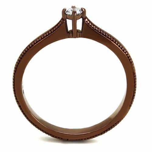 Stainless Steel Coffee Brown CZ Round Milgrain Solitaire Ring view 7