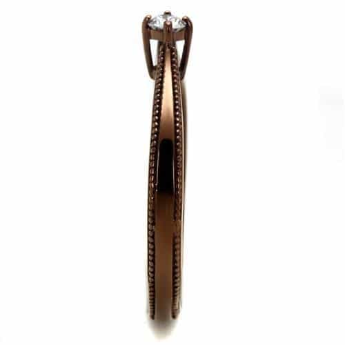 Stainless Steel Coffee Brown CZ Round Milgrain Solitaire Ring view 8