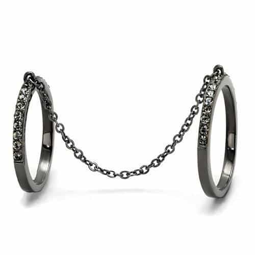 Stainless Steel Dark Gunmetal CZ Pave Chain Double Linked Ring view 4