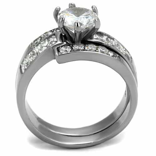 Stainless Steel CZ Round Baguette Channel Wide Bridal Ring view 7