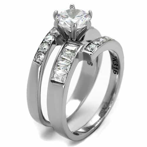 Stainless Steel CZ Round Baguette Channel Wide Bridal Ring view 8