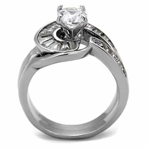 Stainless Steel CZ Round Baguette Swirl Wide Bridal Ring view 7