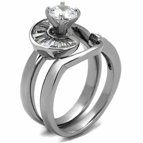 Stainless Steel CZ Round Baguette Swirl Wide Bridal Ring view 8