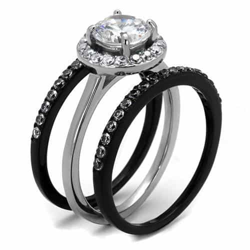 Stainless Steel Black IP CZ Round Halo Pave Bridal Ring view 4