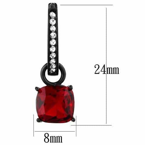 Stainless Steel Black IP Red Ruby Cushion CZ Huggie Drop Earrings view 2