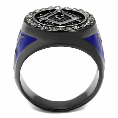 Stainless Steel Black IP Blue Enamel Masonic Compass CZ Ring view 3