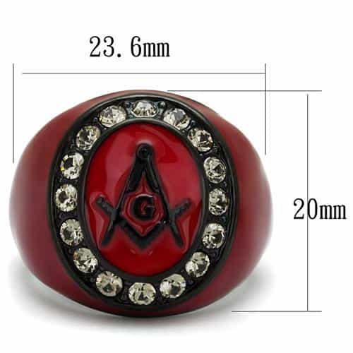 Stainless Steel Red Enamel Masonic Compass CZ Signet Ring view 2
