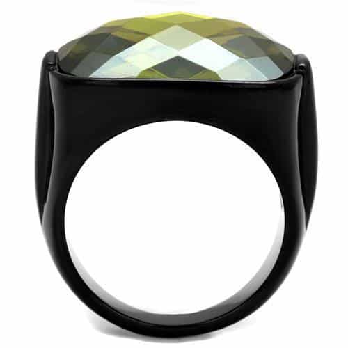 Stainless Steel Black IP Olive Green Faceted Crystal Cushion Ring view 3