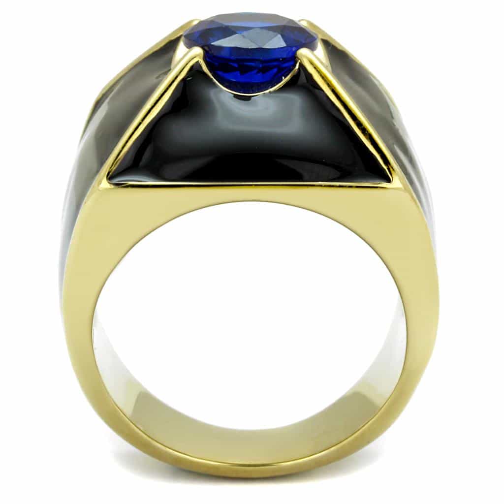 Stainless Steel Two Tone Gold IP Blue Sapphire CZ Black Onyx Ring view 7