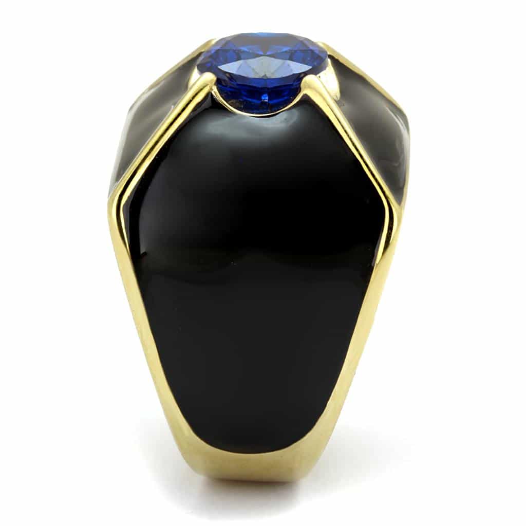 Stainless Steel Two Tone Gold IP Blue Sapphire CZ Black Onyx Ring view 4