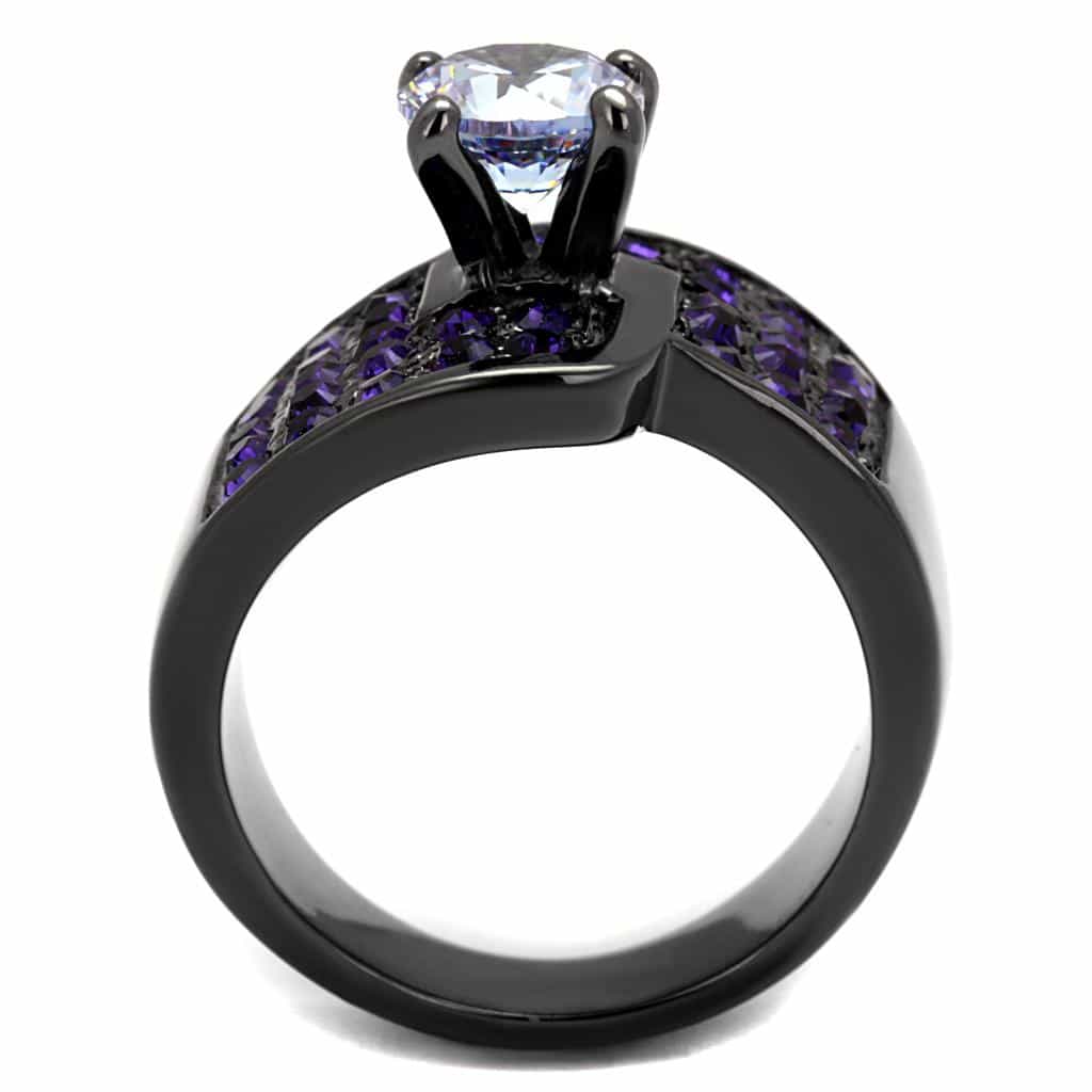 Stainless Steel Black IP Amethyst Purple CZ Round Solitaire Ring view 3
