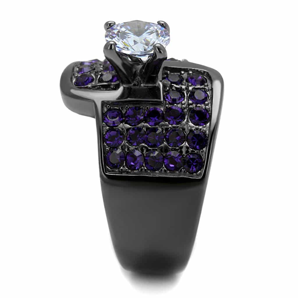 Stainless Steel Black IP Amethyst Purple CZ Round Solitaire Ring view 4