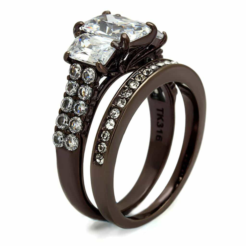 Stainless Steel Coffee Brown IP CZ Round Split Shank Bridal Ring view 8