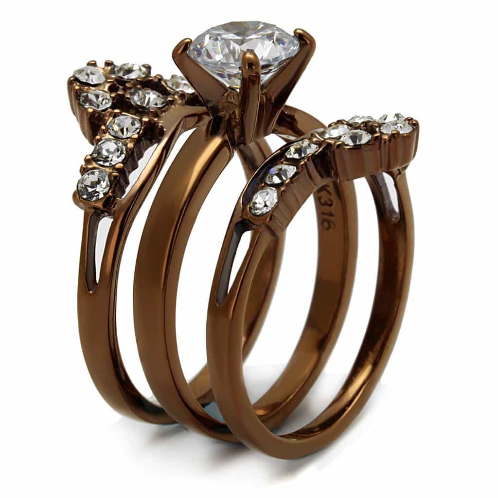 Stainless Steel Coffee Brown IP CZ Round Pave Bridal Ring view 8