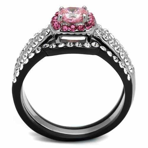 Stainless Steel Dark Gunmetal Pink CZ Cushion Halo Pave Ring view 7
