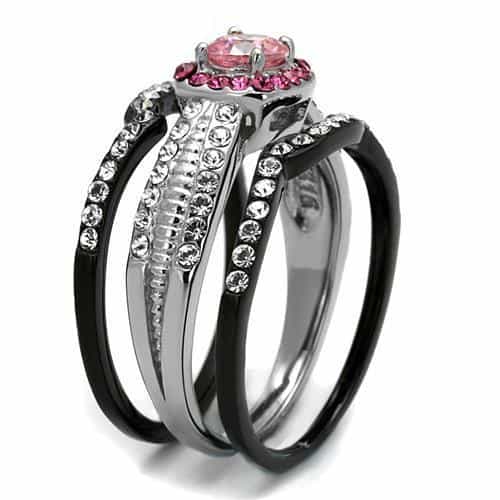 Stainless Steel Dark Gunmetal Pink CZ Cushion Halo Pave Ring view 8