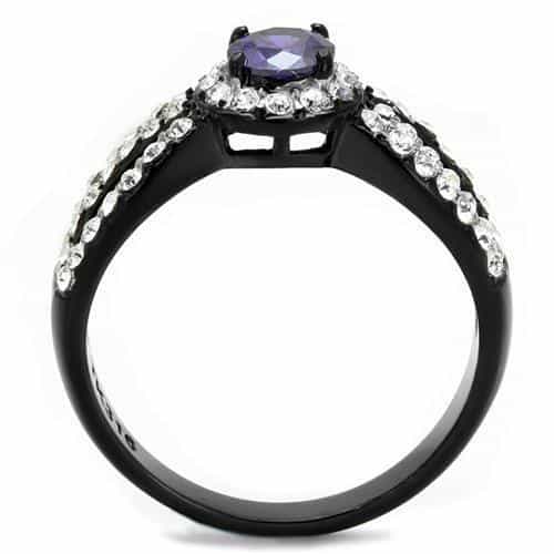 Stainless Steel Black IP Tanzanite Purple CZ Round Halo Ring view 3