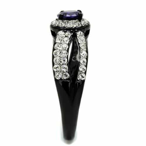 Stainless Steel Black IP Tanzanite Purple CZ Round Halo Ring view 4