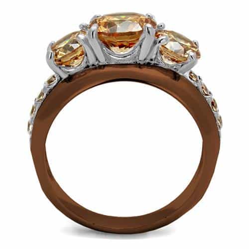 Stainless Steel Coffee Brown IP Champagne CZ Round Three Ring view 7