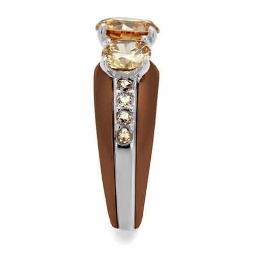 Stainless Steel Coffee Brown IP Champagne CZ Round Three Ring view 8