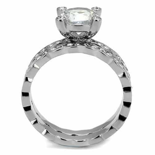 Stainless Steel CZ Round Solitaire Channel Wave Bridal Ring view 7