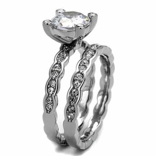 Stainless Steel CZ Round Solitaire Channel Wave Bridal Ring view 8