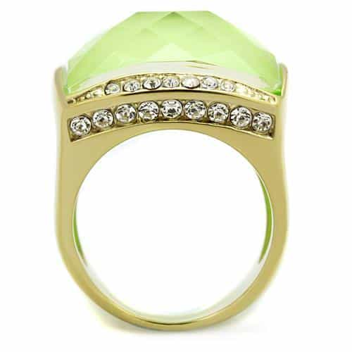 Stainless Steel Gold IP Lime Green Faceted Crystal Cushion Ring view 3