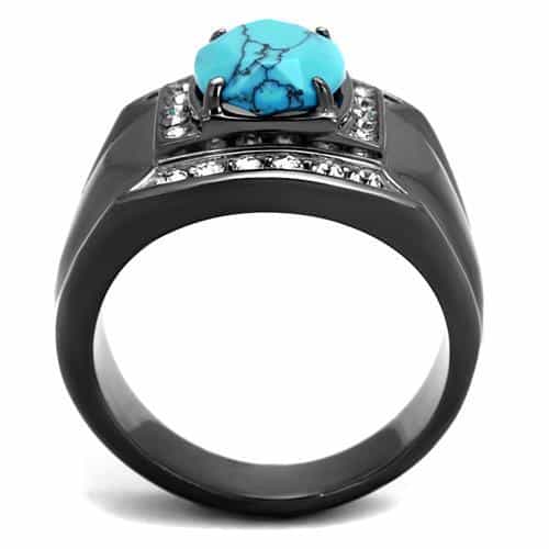 Stainless Steel Black IP Turquoise Cabochon CZ Halo Signet Ring view 7