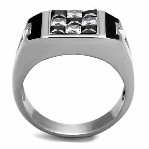 Stainless Steel CZ Checkerboard Black Onyx Signet Ring view 7