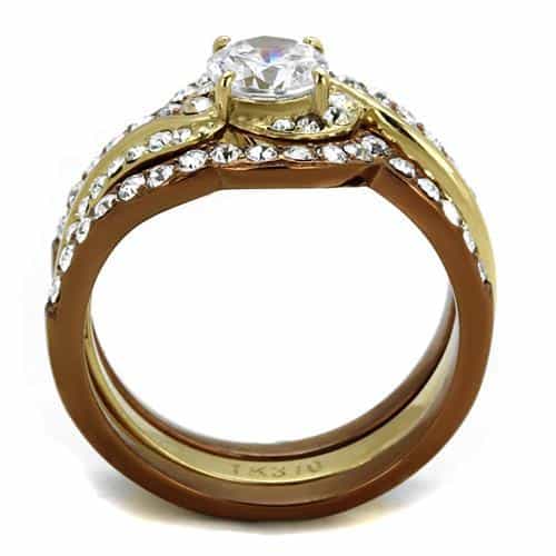 Stainless Steel Gold IP CZ Round Pave Swirl Stack Bridal Ring view 7