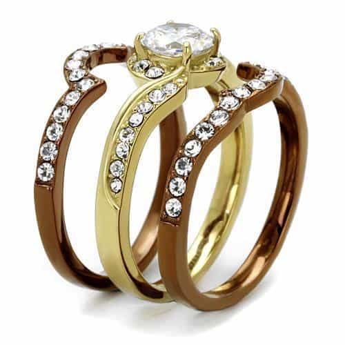 Stainless Steel Gold IP CZ Round Pave Swirl Stack Bridal Ring view 8