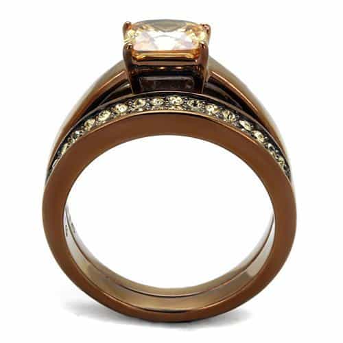 Stainless Steel Coffee Brown IP Champagne CZ Princess Pave Ring view 3