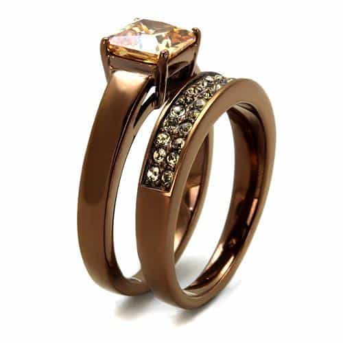 Stainless Steel Coffee Brown IP Champagne CZ Princess Pave Ring view 4
