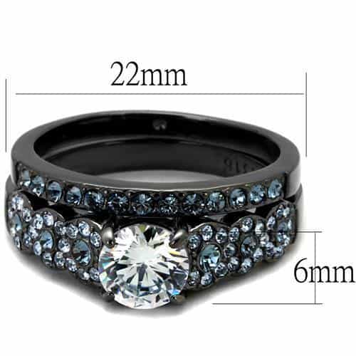 Stainless Steel Dark Gunmetal Aquamarine Blue CZ Round Pave Ring view 6