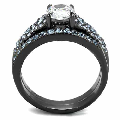 Stainless Steel Dark Gunmetal Aquamarine Blue CZ Round Pave Ring view 7