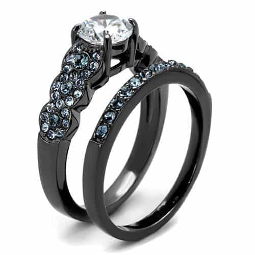 Stainless Steel Dark Gunmetal Aquamarine Blue CZ Round Pave Ring view 4