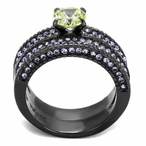 Stainless Steel Dark Gunmetal Peridot Green CZ Tanzanite Ring view 7