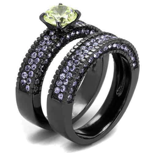 Stainless Steel Dark Gunmetal Peridot Green CZ Tanzanite Ring view 8