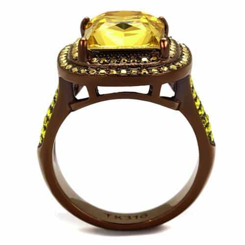 Stainless Steel Coffee Brown IP Yellow CZ Princess Cushion Ring view 3