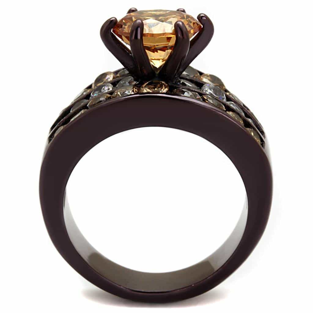 Stainless Steel Coffee Brown IP Champagne CZ Round Wide Pave Ring view 7