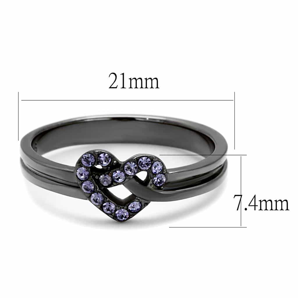 Stainless Steel Dark Gunmetal Lavender CZ Pave Heart Knot Ring view 6