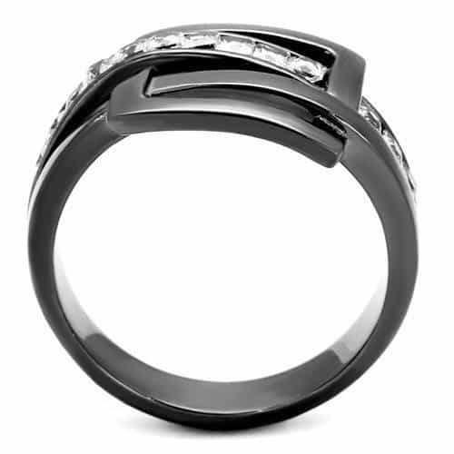 Stainless Steel Dark Gunmetal CZ Channel Buckle Double Band Ring view 3