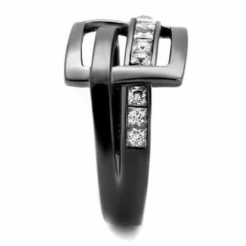 Stainless Steel Dark Gunmetal CZ Channel Buckle Double Band Ring view 8