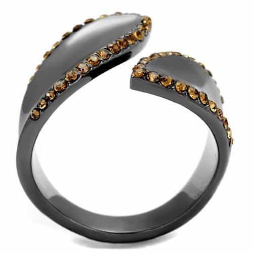 Stainless Steel Dark Gunmetal Champagne Crystal Pave Open Ring view 3