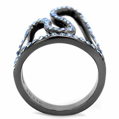 Stainless Steel Dark Gunmetal Aquamarine Crystal Pave Open Ring view 3