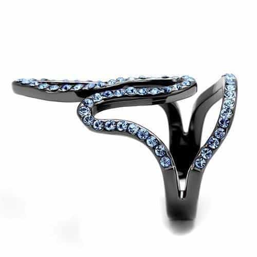 Stainless Steel Dark Gunmetal Aquamarine Crystal Pave Open Ring view 4