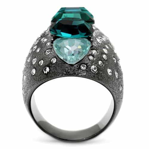 Stainless Steel Dark Gunmetal Blue Zircon Oval Crystal Pave Ring view 3