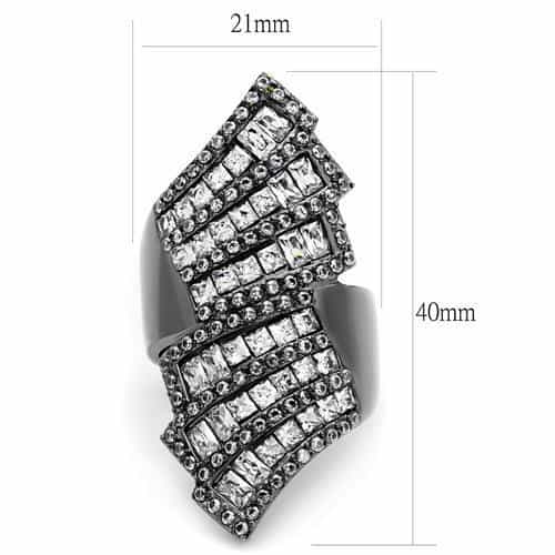 Stainless Steel Dark Gunmetal CZ Baguette Chevron Fan Bypass Ring view 2