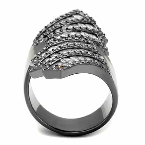 Stainless Steel Dark Gunmetal CZ Baguette Chevron Fan Bypass Ring view 7