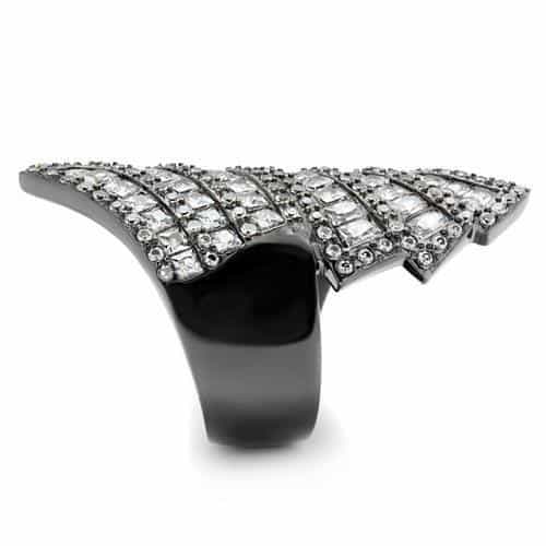 Stainless Steel Dark Gunmetal CZ Baguette Chevron Fan Bypass Ring view 8